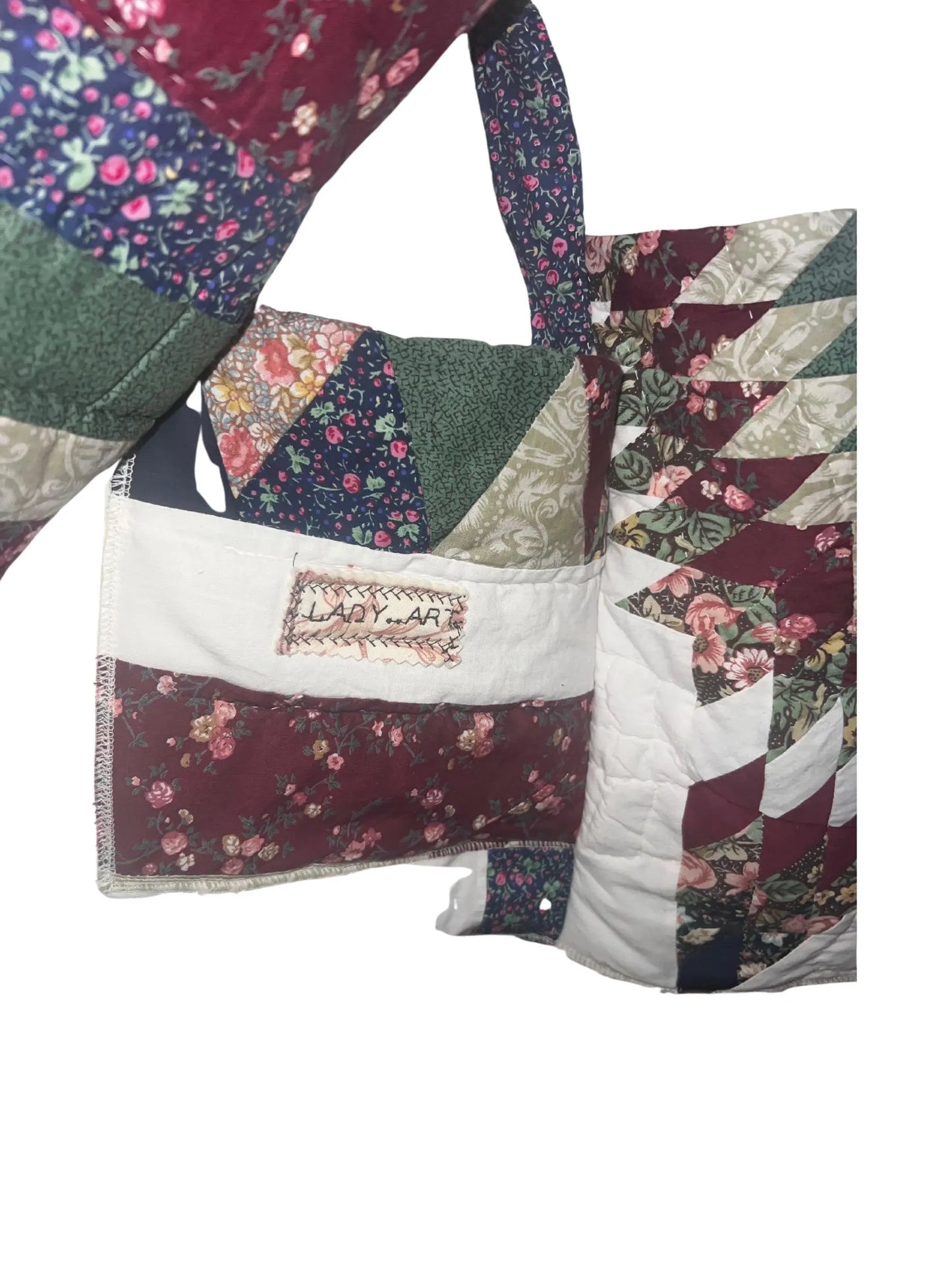 PLUS Vintage Handmade Star Burst Lone Star Theme Quilt Coat Jacket in Cream Cranberry and Forrest Green Quilt Fits Large XL 1X 2X 3X
