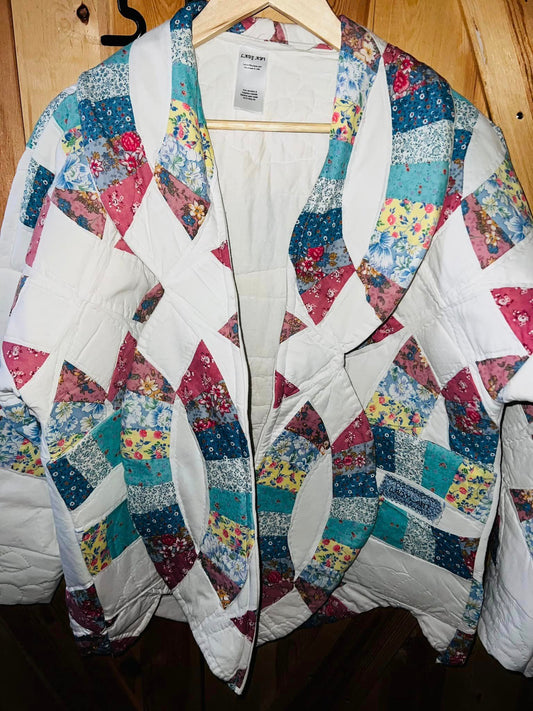 Vintage Upcycled Relaxed Fit Double Wedding Ring Quilt Coat Fits Most