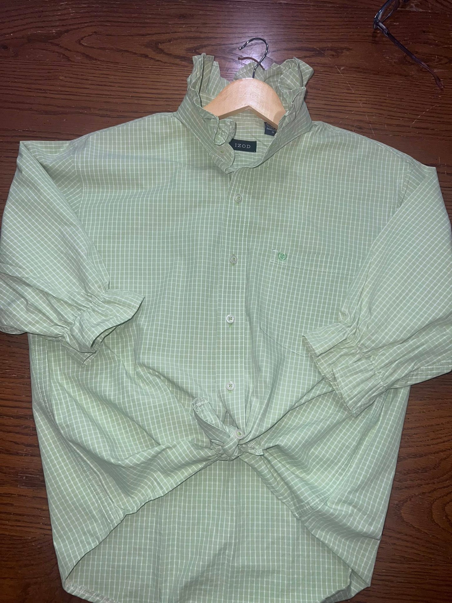 Women's Medium Large Green & White Large Check Upcycled Men's Shirt Button Down with Ruffle Collar Reworked Shirt