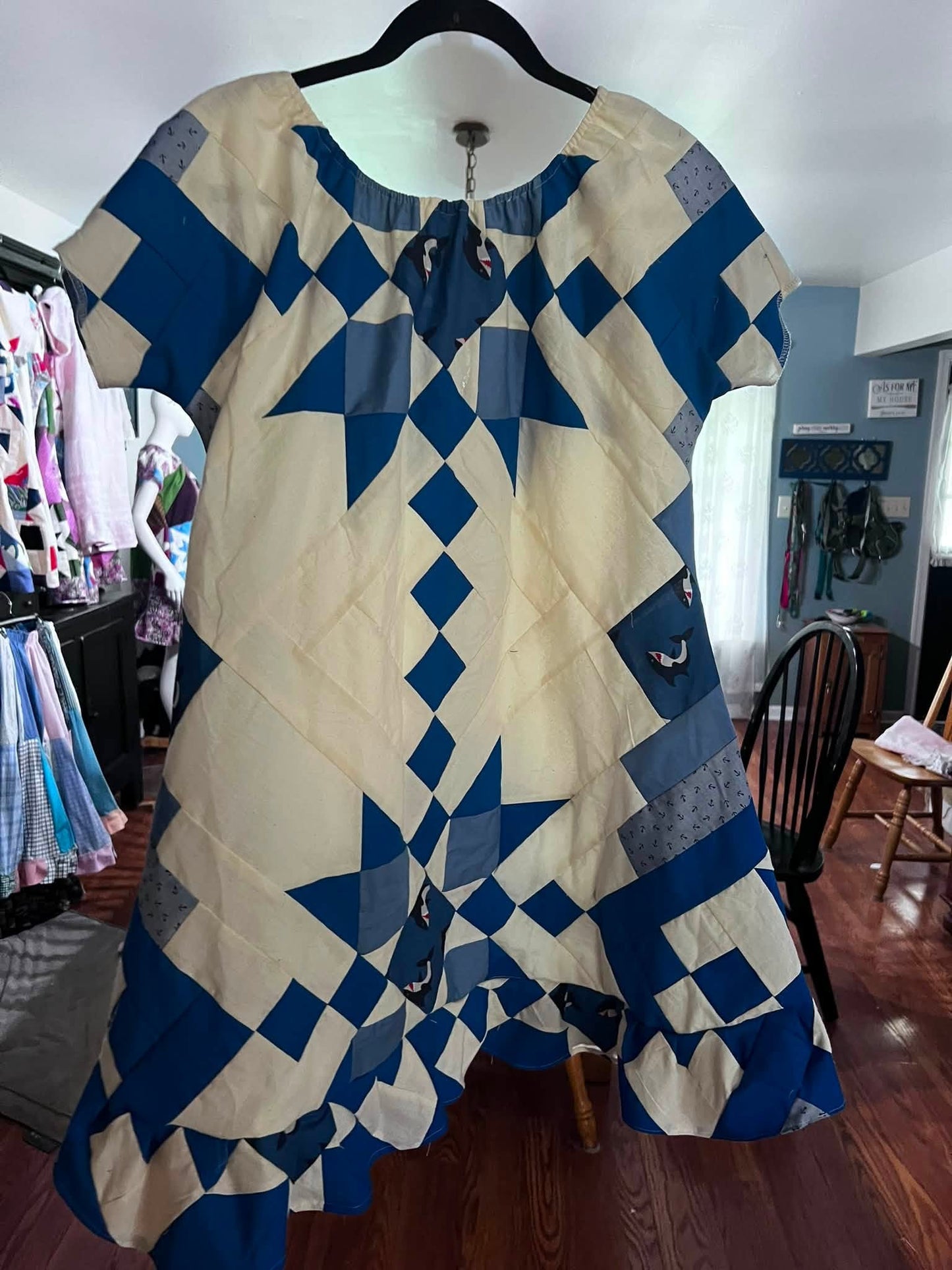 Blue & Cream Quilt Top Babydoll Peasant Dress S/M
