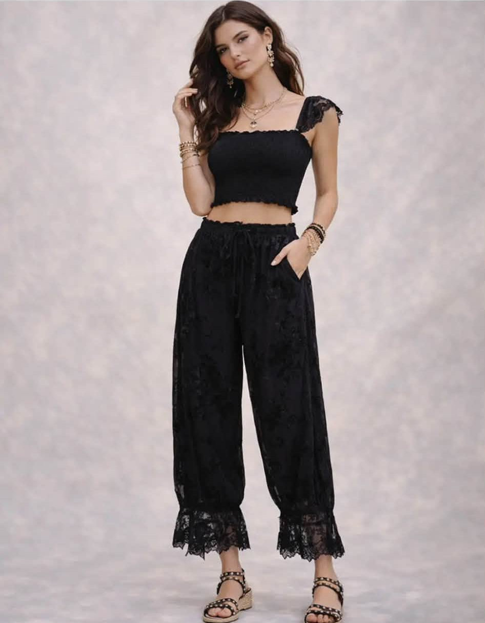Cotton Blend BLACK LACE Lantern Bloomer Loose Fit High Waist Lace Pants Women