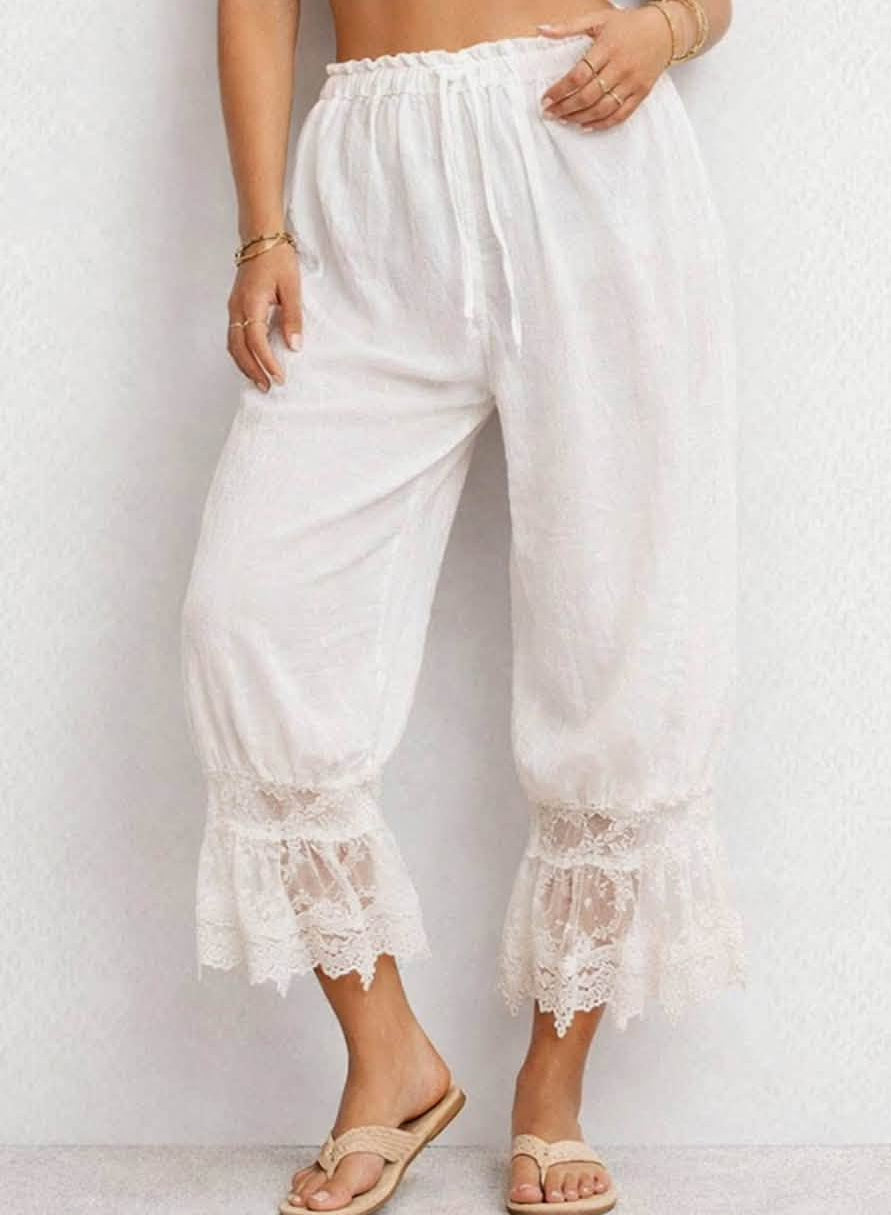 Cotton Blend WHITE LACE Lantern Bloomer Loose Fit High Waist Lace Pants Women