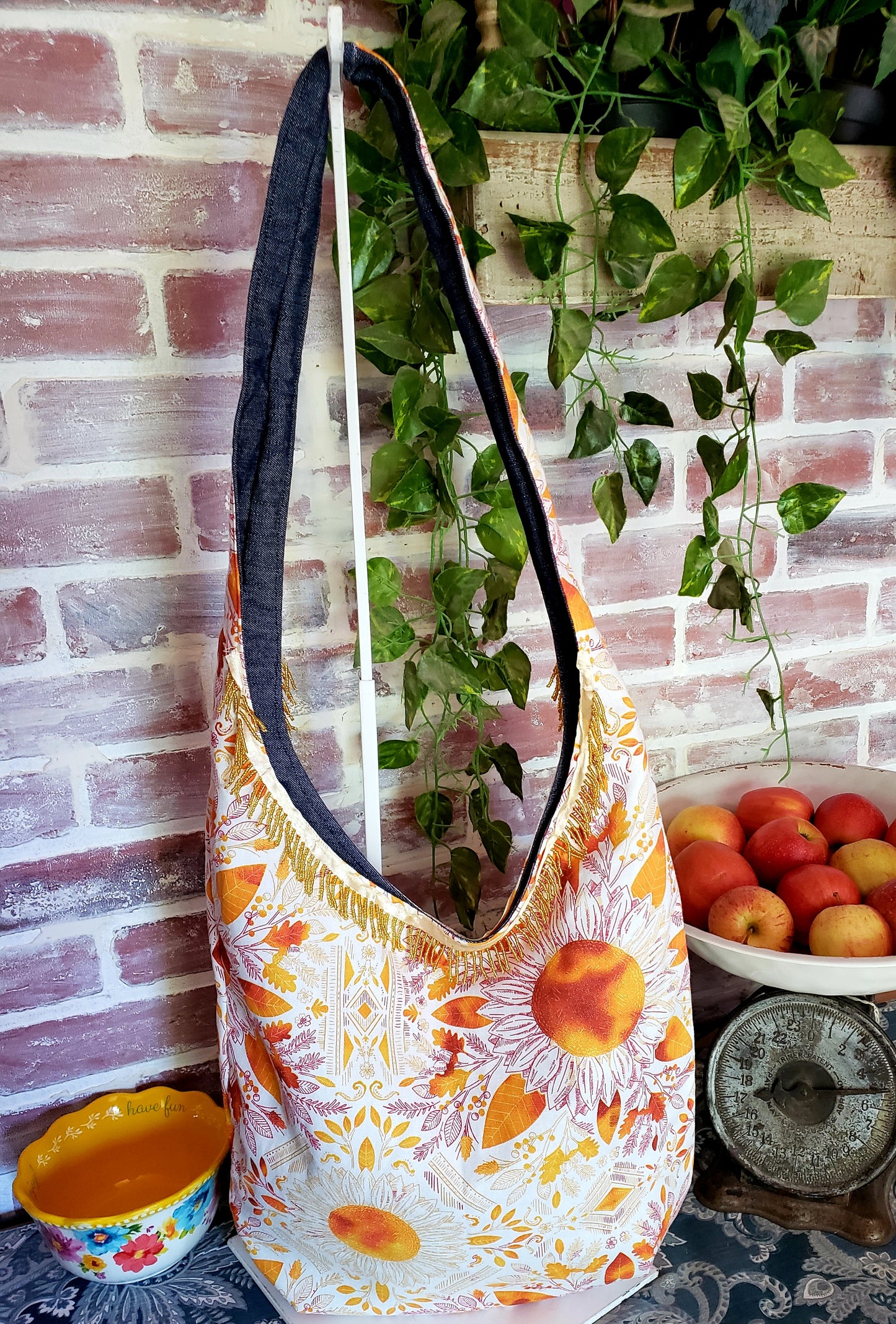 Handmade SUNNY SUNFLOWERS Colorful Boho Shoulder Bags, Cotton Bohemian Bags Denim Lined