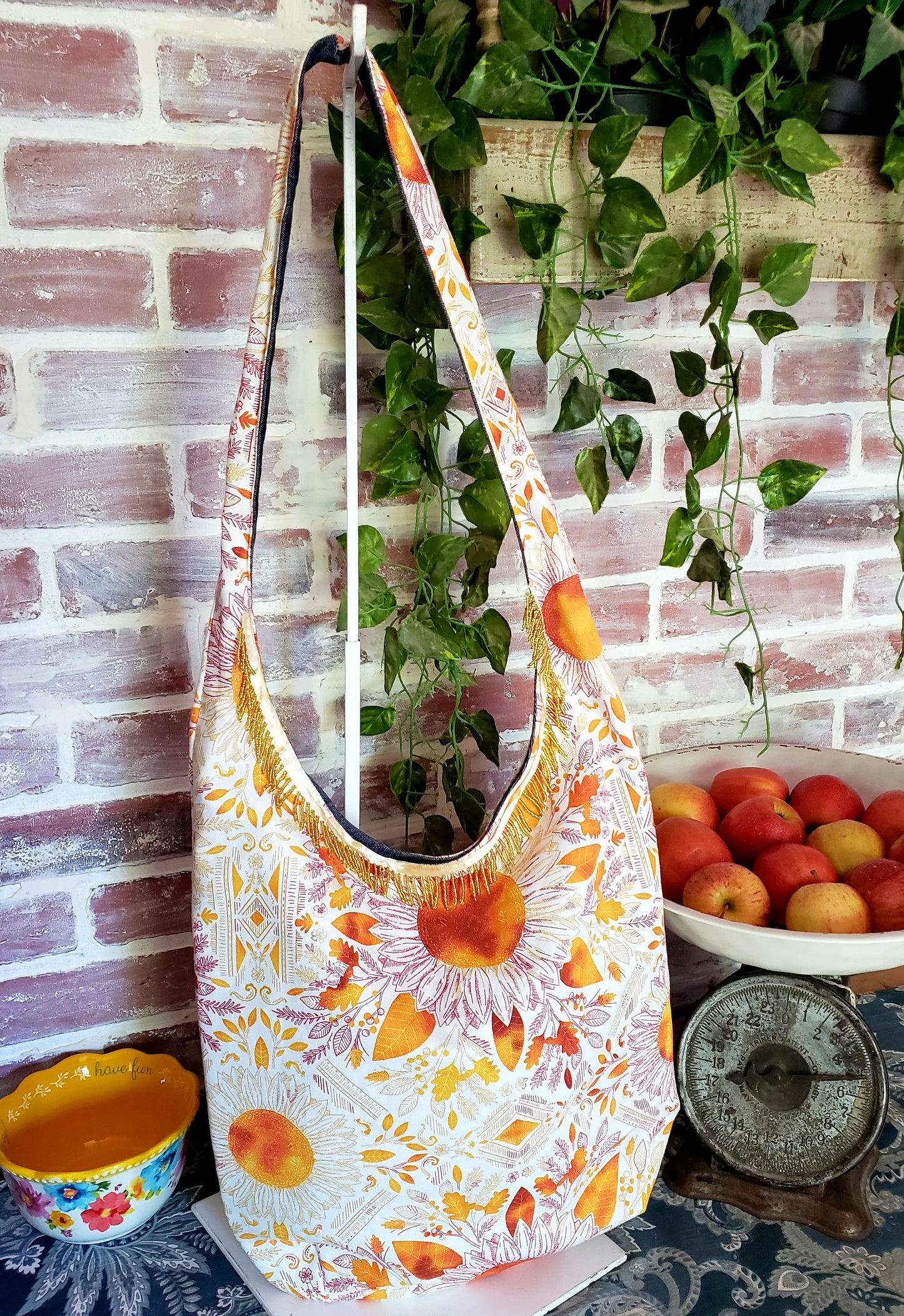 Handmade SUNNY SUNFLOWERS Colorful Boho Shoulder Bags, Cotton Bohemian Bags Denim Lined