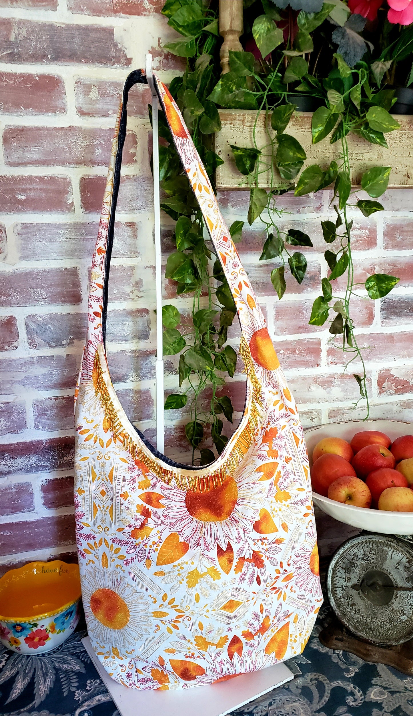 Handmade SUNNY SUNFLOWERS Colorful Boho Shoulder Bags, Cotton Bohemian Bags Denim Lined