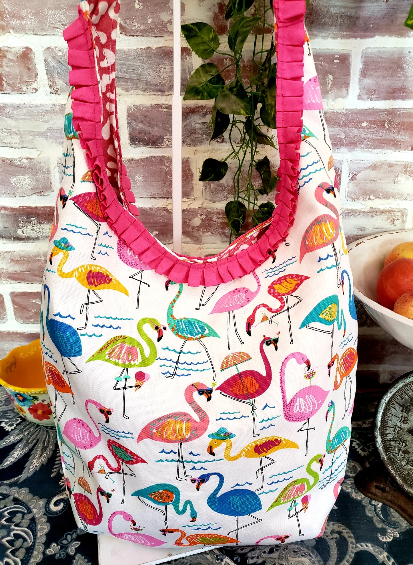 Handmade FLAMINGO LOVE Colorful Boho Shoulder Bags, Cotton Bohemian Bags Lined