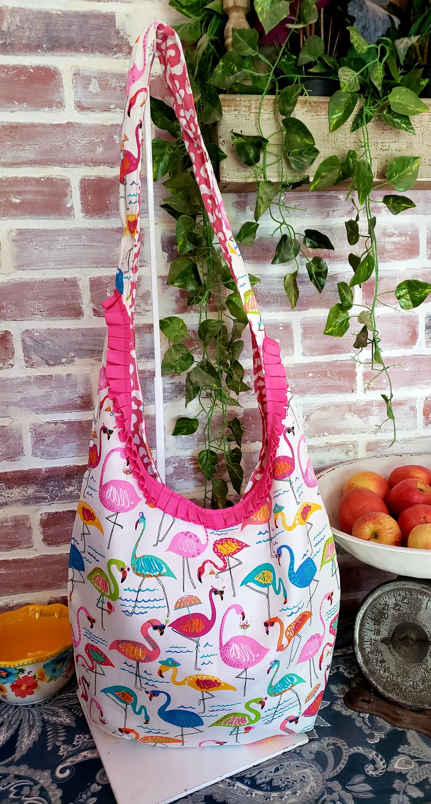 Handmade FLAMINGO LOVE Colorful Boho Shoulder Bags, Cotton Bohemian Bags Lined