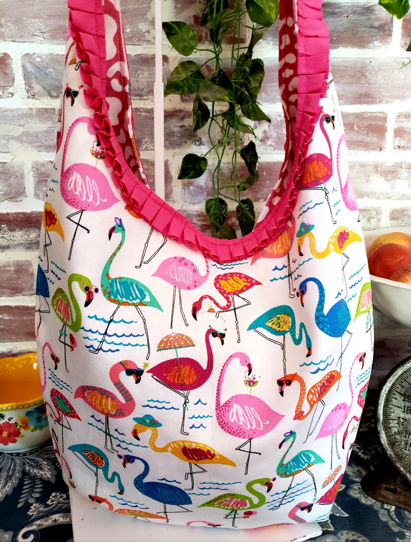 Handmade FLAMINGO LOVE Colorful Boho Shoulder Bags, Cotton Bohemian Bags Lined