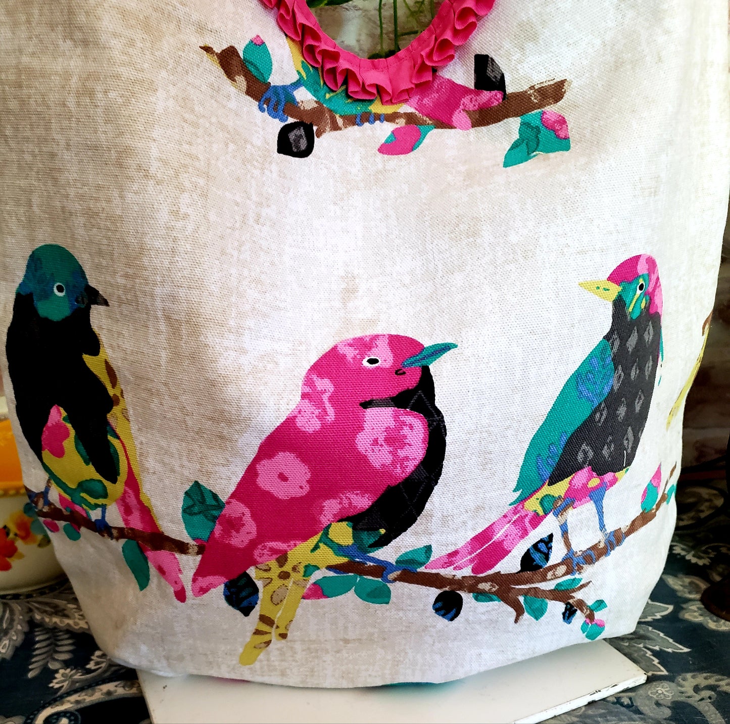 Handmade SONG BIRDS Colorful Boho Shoulder Bags, Cotton Bohemian Bags Denim Lined