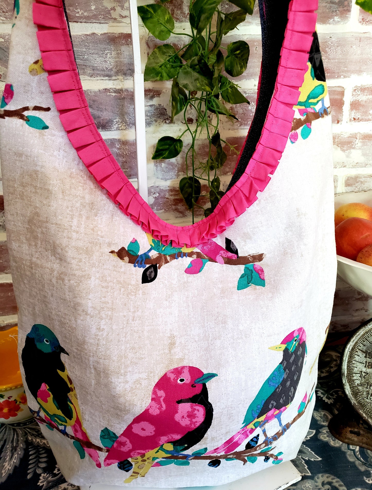 Handmade SONG BIRDS Colorful Boho Shoulder Bags, Cotton Bohemian Bags Denim Lined