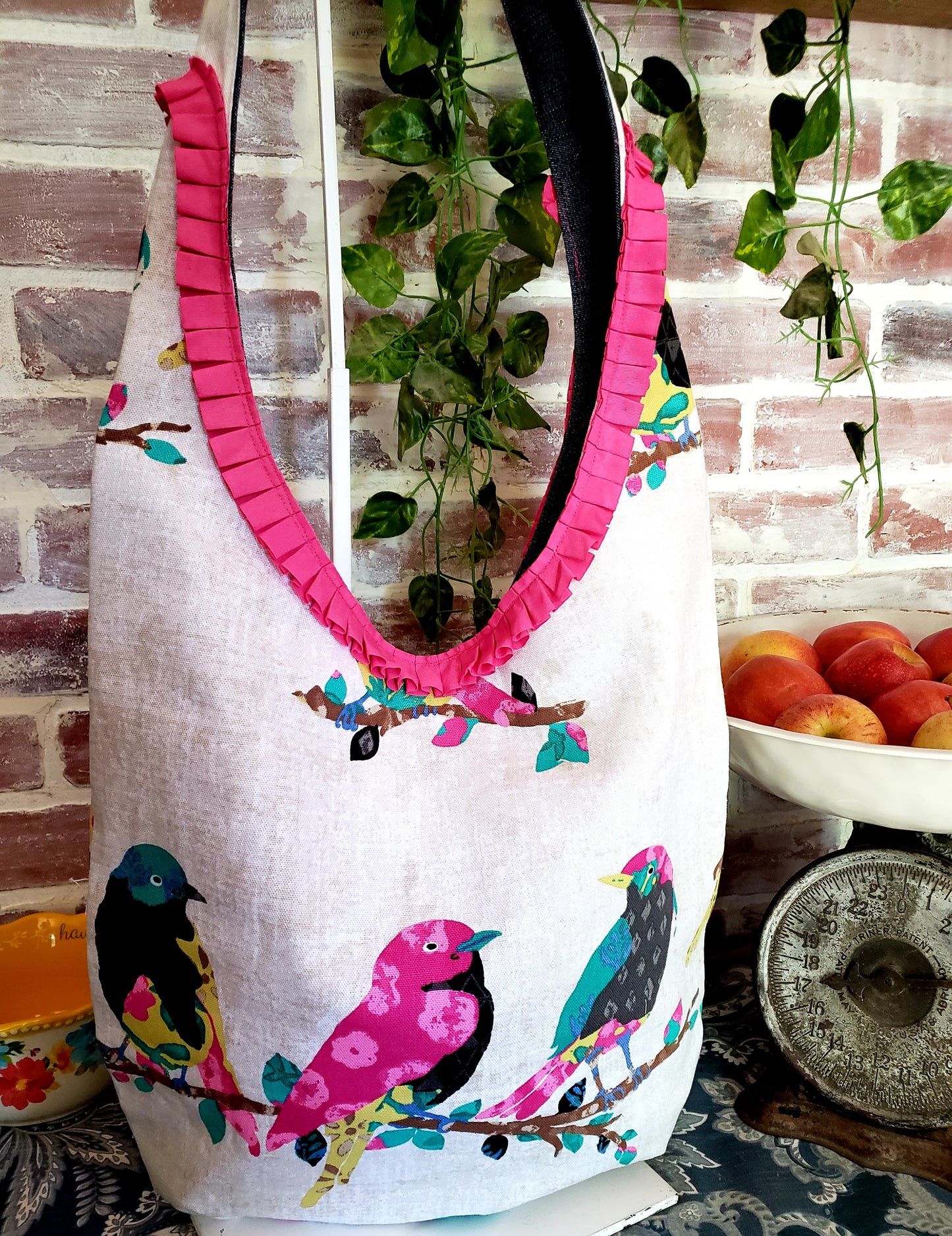 Handmade SONG BIRDS Colorful Boho Shoulder Bags, Cotton Bohemian Bags Denim Lined