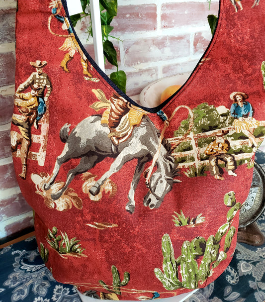 Handmade WESTERN COWBOY BRONCO HORSE Colorful Boho Shoulder Bags, Cotton Bohemian Bags Denim Lined