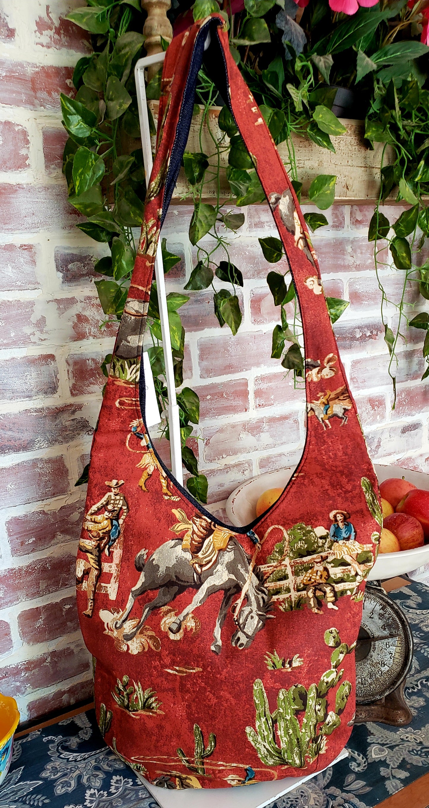 Handmade WESTERN COWBOY BRONCO HORSE Colorful Boho Shoulder Bags, Cotton Bohemian Bags Denim Lined