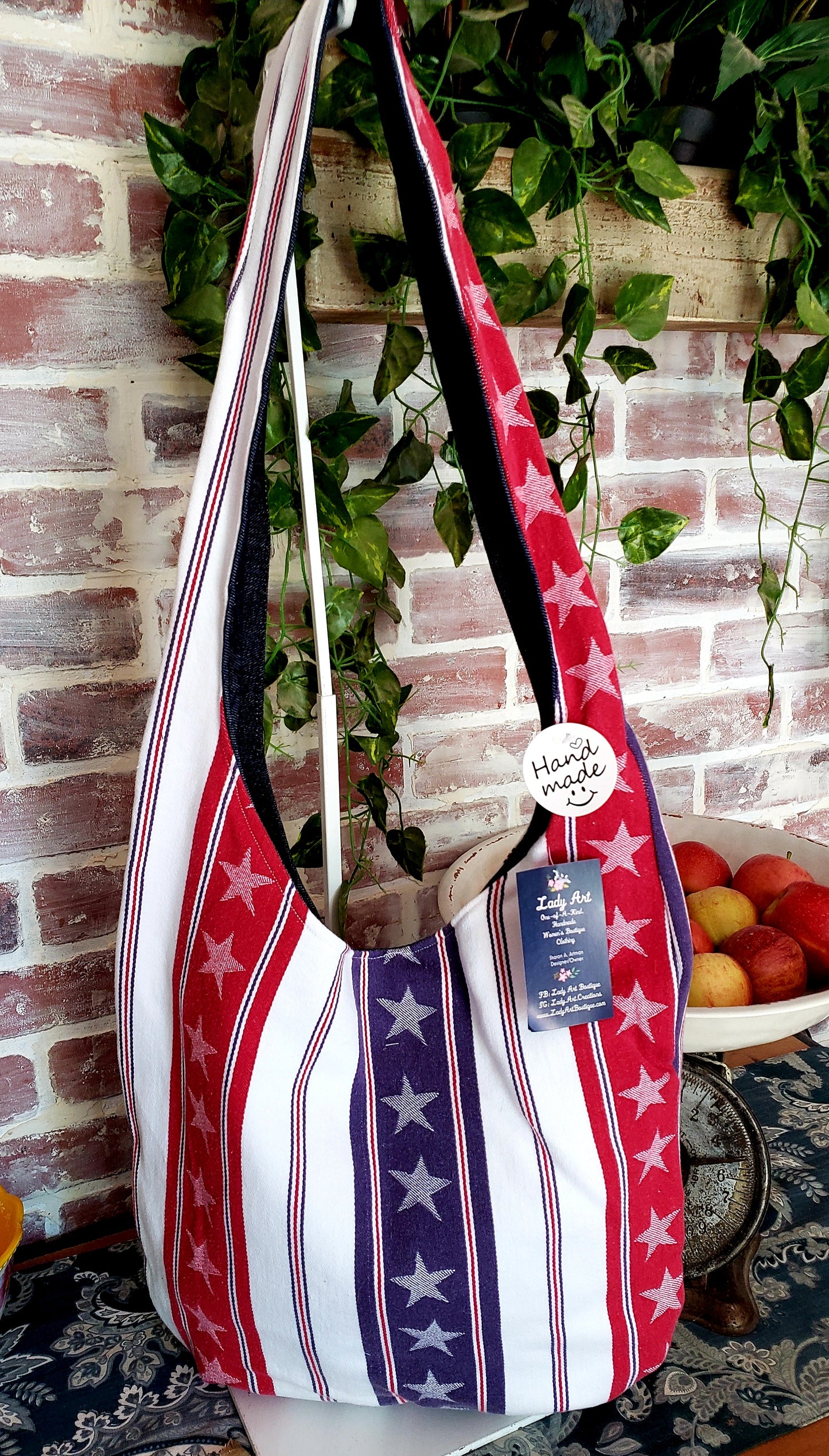 Handmade AMERICANA STARS & STRIPES FOREVER Colorful Boho Shoulder Bags, Cotton Bohemian Bags Denim Lined