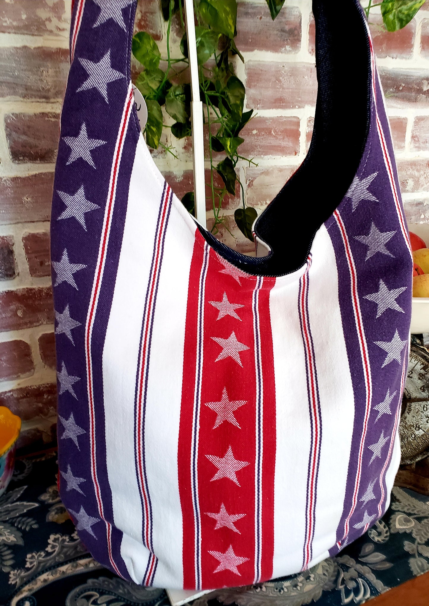 Handmade AMERICANA STARS & STRIPES FOREVER Colorful Boho Shoulder Bags, Cotton Bohemian Bags Denim Lined