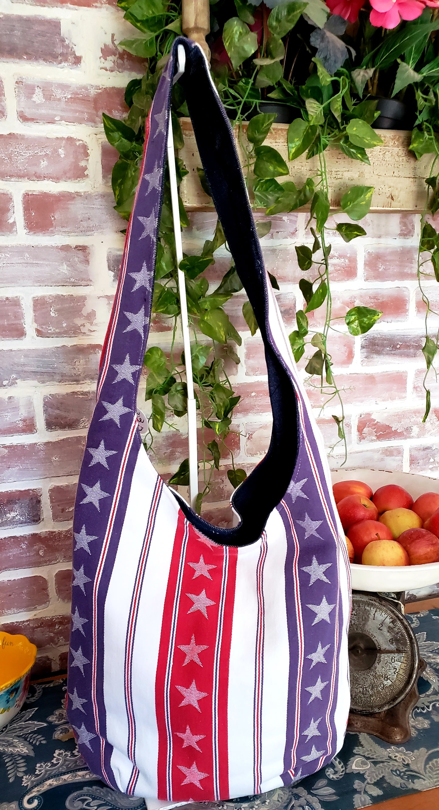 Handmade AMERICANA STARS & STRIPES FOREVER Colorful Boho Shoulder Bags, Cotton Bohemian Bags Denim Lined