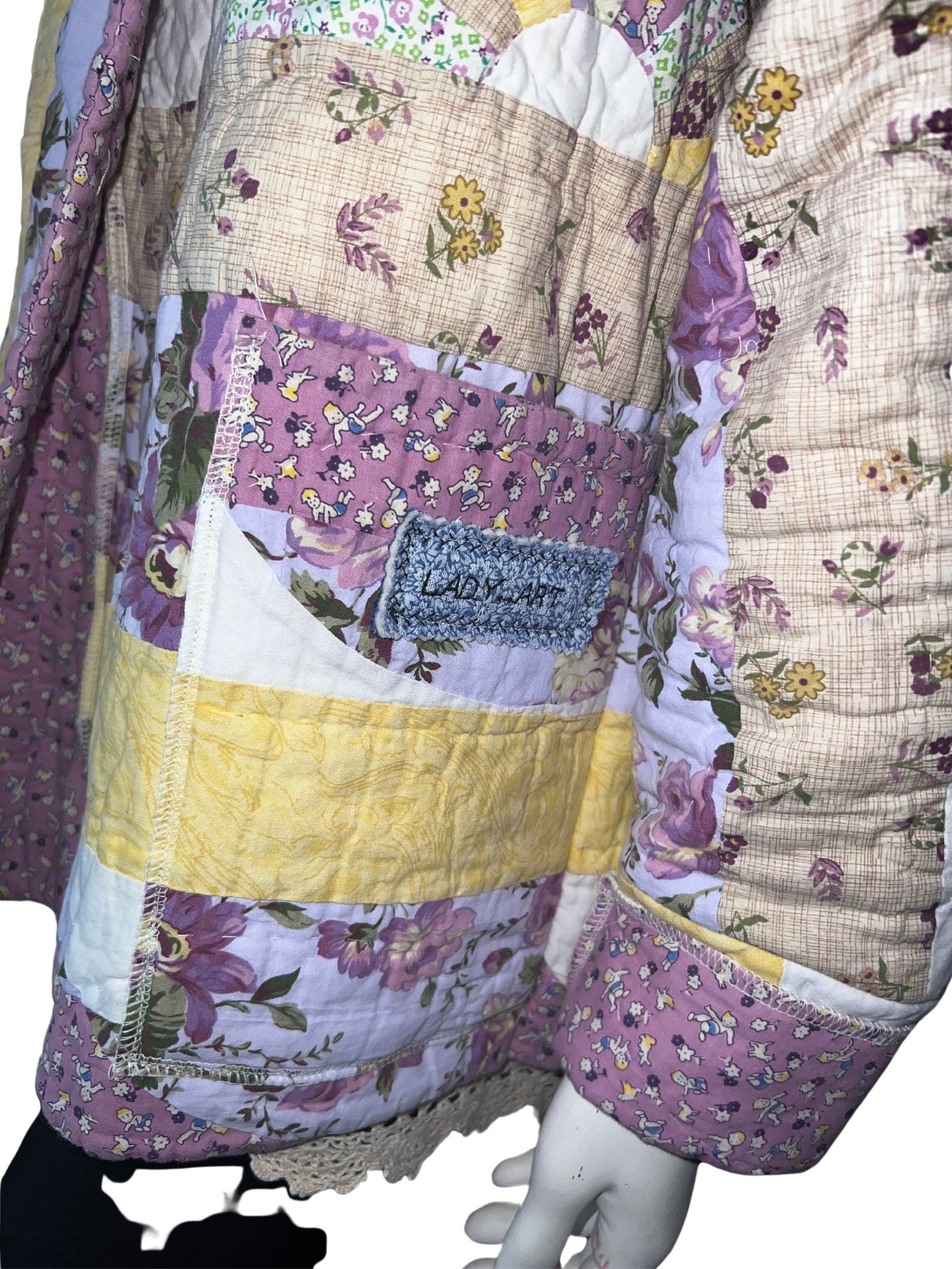 Quilt Coat Jacket - Dresden Plate,  lavender, shades of purple and yellow Vintage from 40’s Design Patchwork Floral Vintage Quilt Fits Most