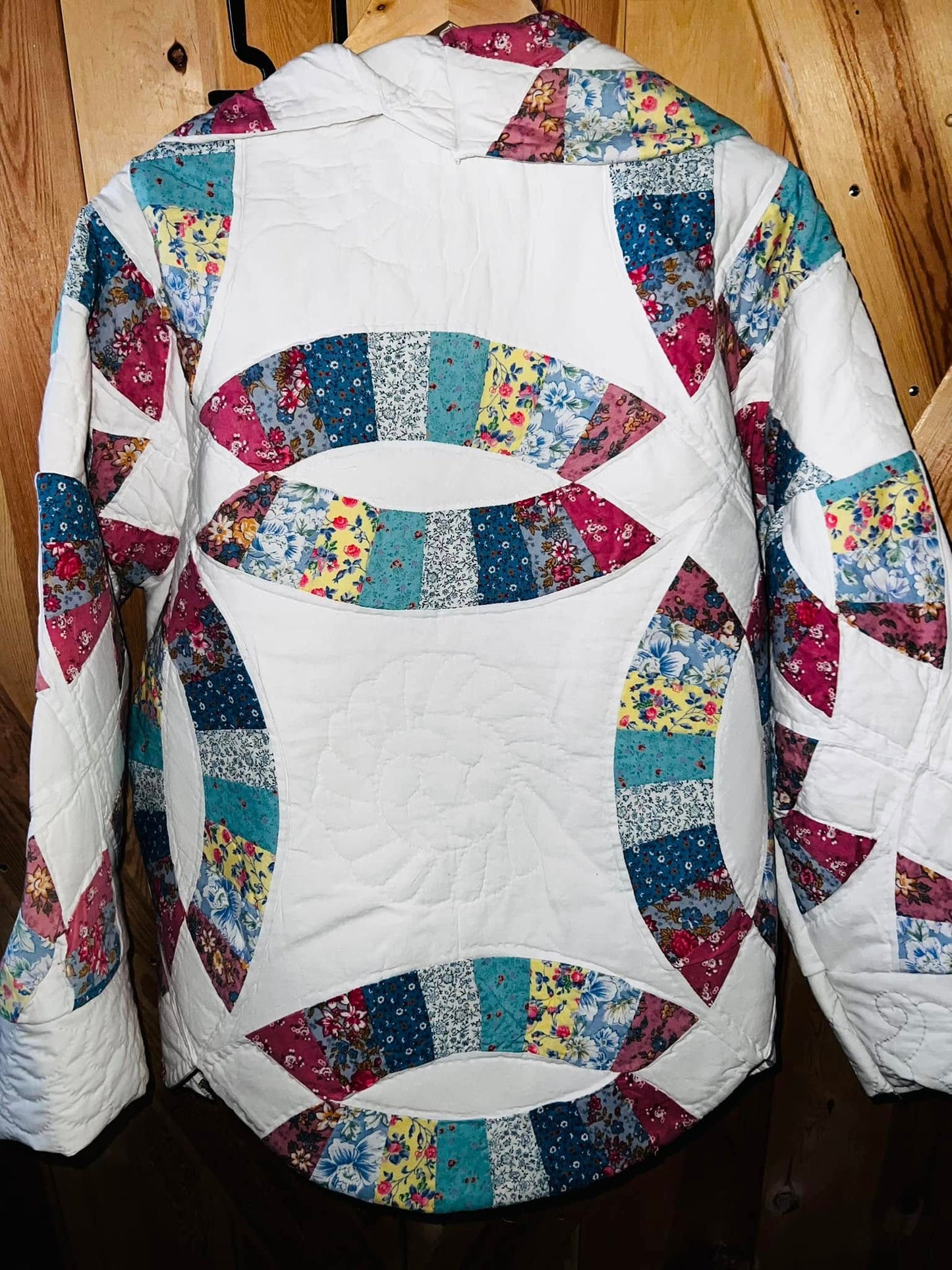 Vintage Upcycled Relaxed Fit Double Wedding Ring Quilt Coat Fits Most