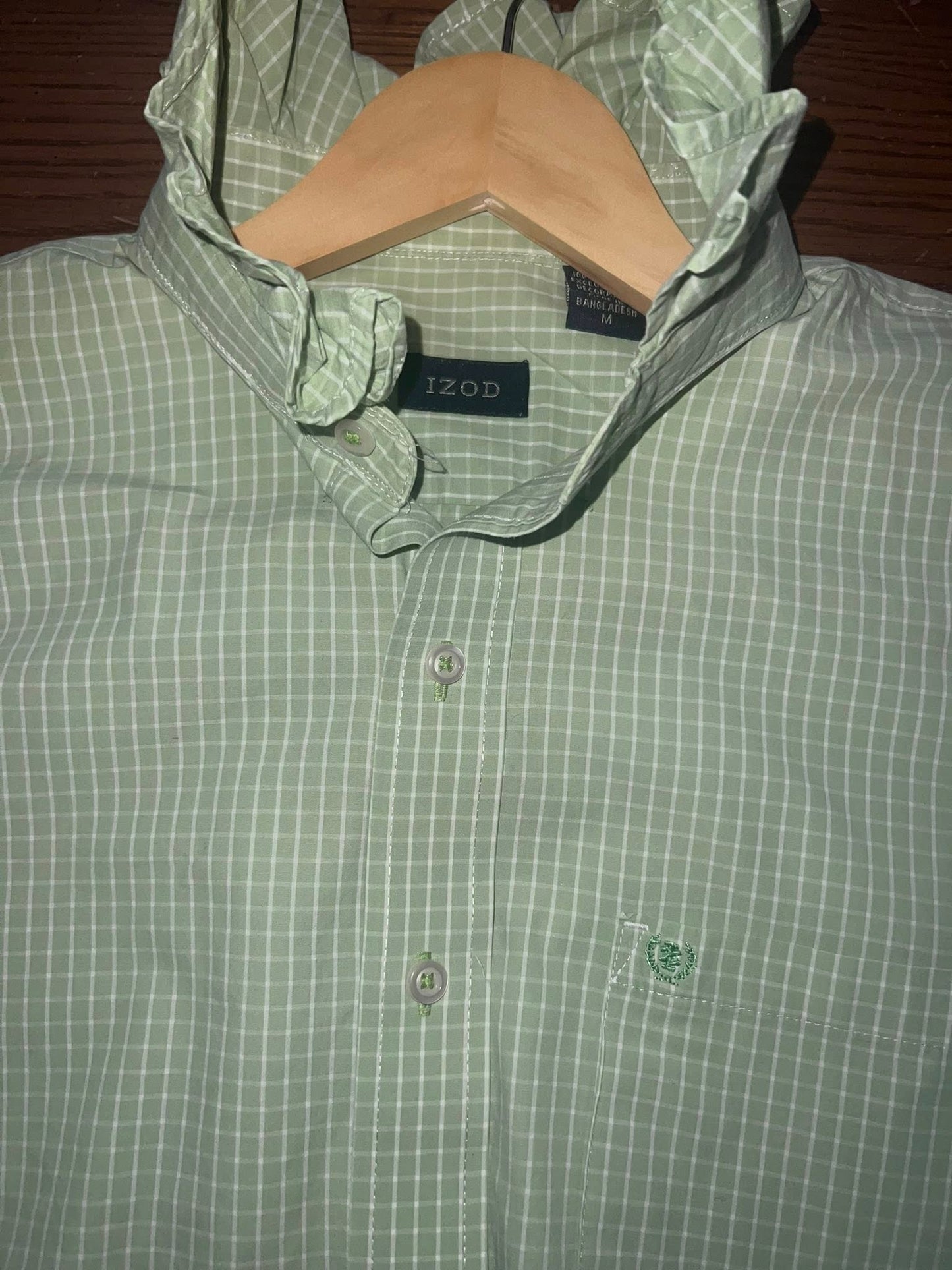Women's Medium Large Green & White Large Check Upcycled Men's Shirt Button Down with Ruffle Collar Reworked Shirt