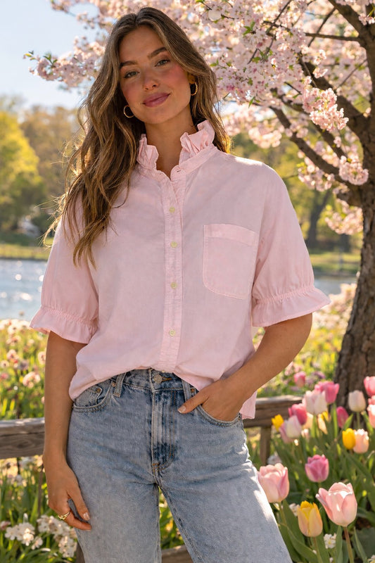 Women's XL 1X 2X 3X Pastel Pink Upcycled Men's Shirt Button Down with Ruffle Collar Reworked Shirt