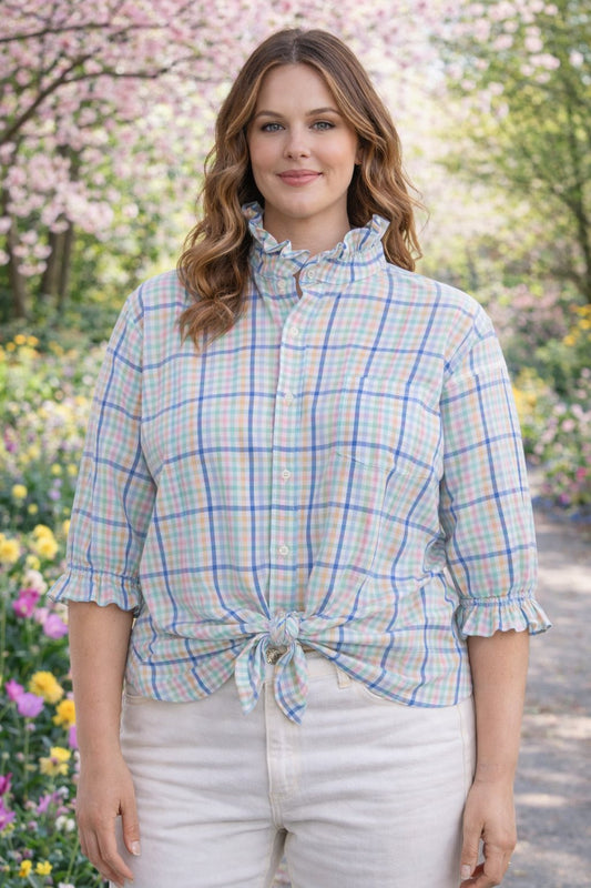 Women's XL 1X 2X 3X Spring Upcycled Men's Shirt Button Down with Ruffle Collar Reworked Shirt