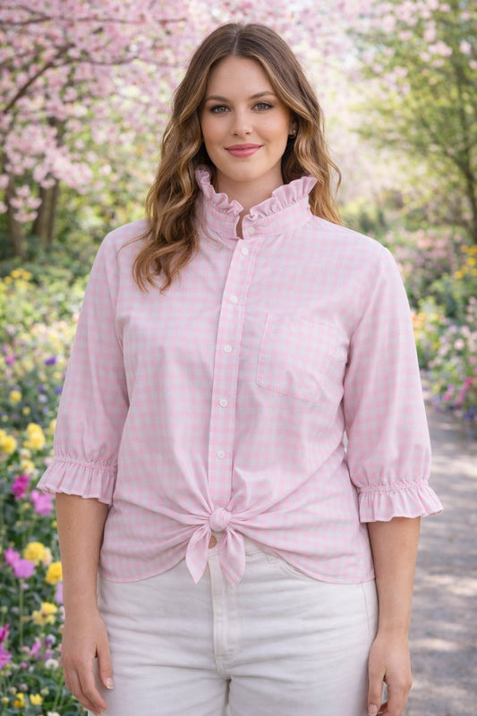 Women's Large XL Lt. Pink & Lt. Blue Check Upcycled Men's Shirt Button Down with Ruffle Collar Reworked Shirt