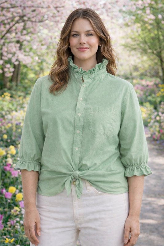 Women's XL 1X 2X 3X Spring Green Upcycled Men's Shirt Button Down with Ruffle Collar Reworked Shirt