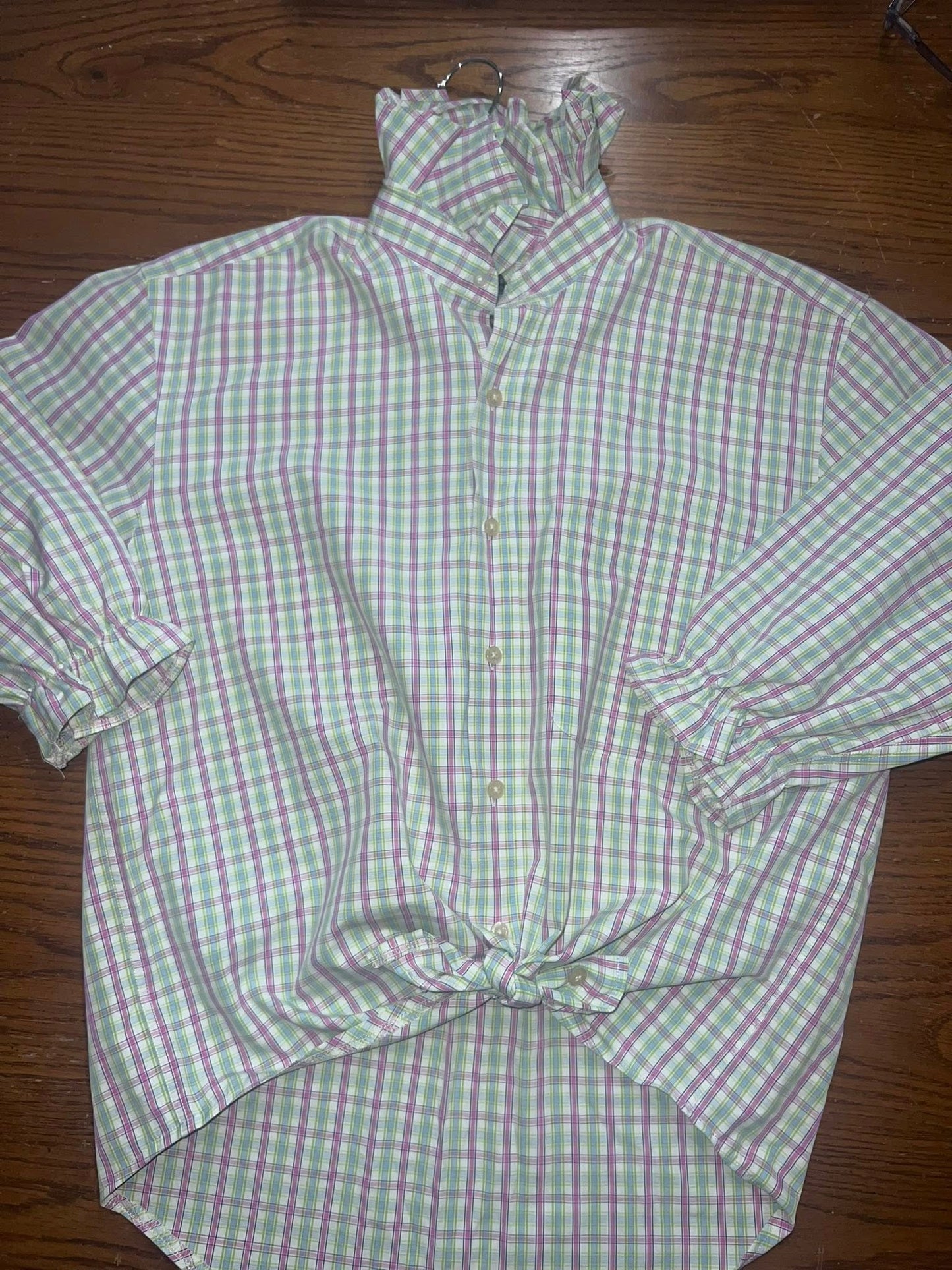 Women's Medium Large , Pink, Green Blue & White Plaid Check Upcycled Men's Shirt Button Down with Ruffle Collar Reworked Shirt