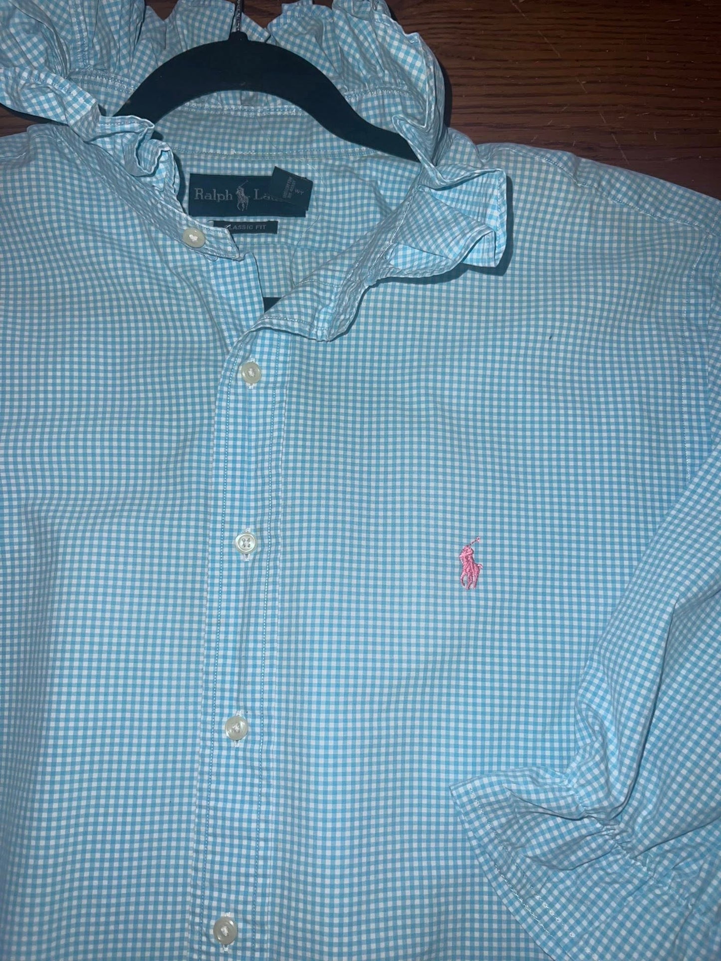 Women's XL 1X 2X 3X Blue & White Gingham Ralph Lauren Upcycled Men's Shirt Button Down with Ruffle Collar Reworked Shirt