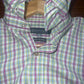 Women's Medium Large , Pink, Green Blue & White Plaid Check Upcycled Men's Shirt Button Down with Ruffle Collar Reworked Shirt