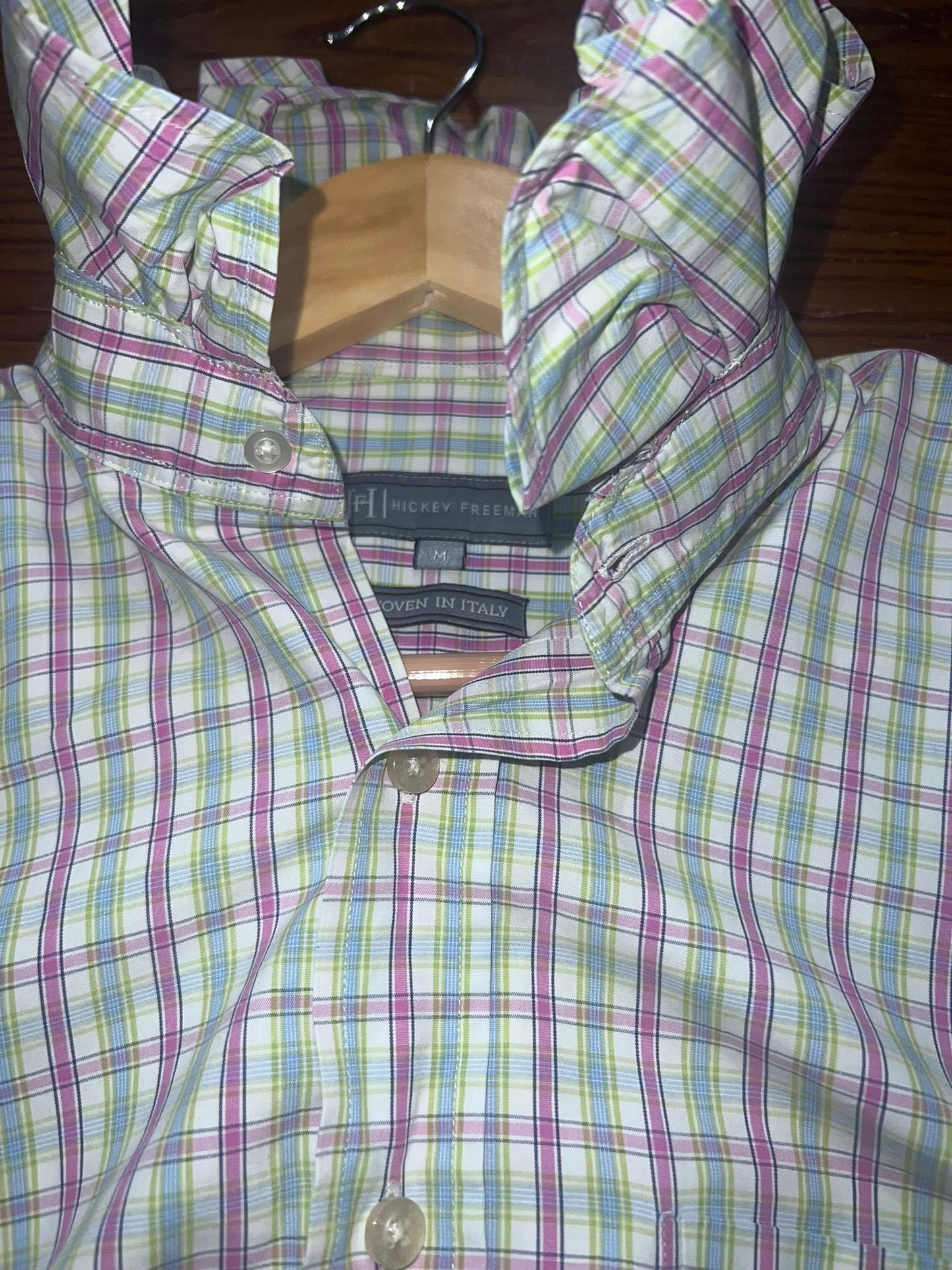 Women's Medium Large , Pink, Green Blue & White Plaid Check Upcycled Men's Shirt Button Down with Ruffle Collar Reworked Shirt