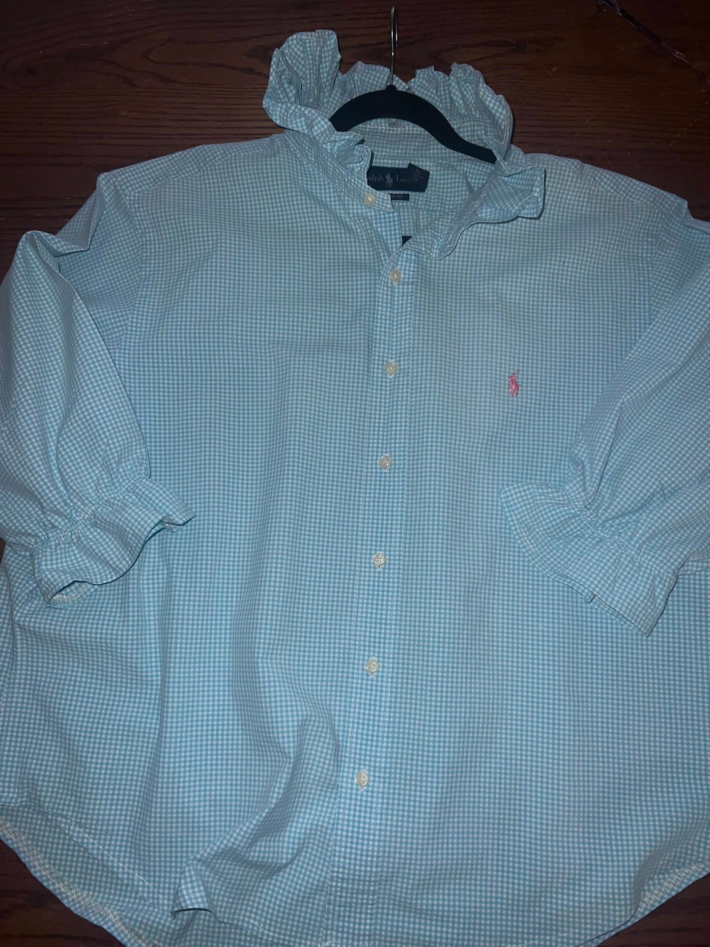 Women's XL 1X 2X 3X Blue & White Gingham Ralph Lauren Upcycled Men's Shirt Button Down with Ruffle Collar Reworked Shirt