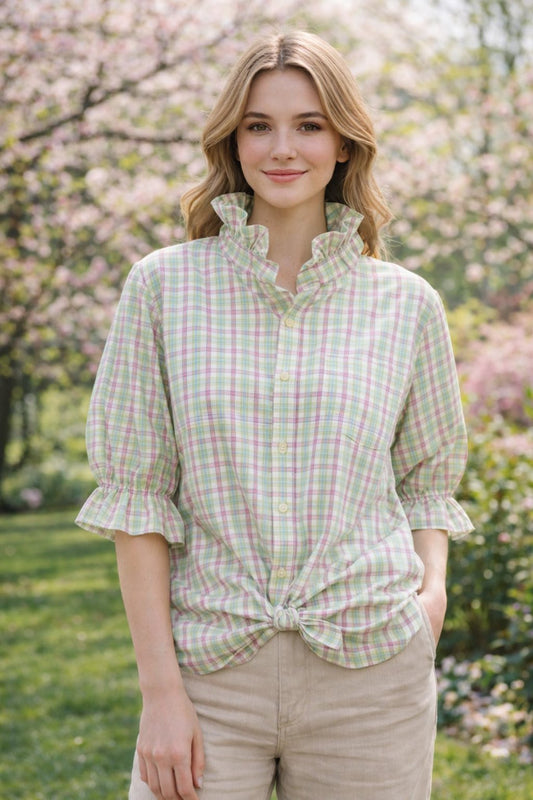 Women's Medium Large , Pink, Green Blue & White Plaid Check Upcycled Men's Shirt Button Down with Ruffle Collar Reworked Shirt