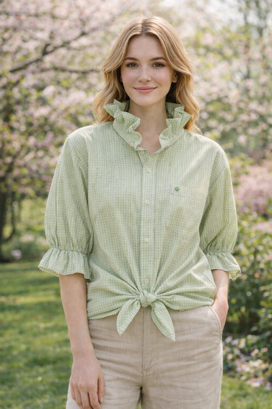 Women's Medium Large Green & White Large Check Upcycled Men's Shirt Button Down with Ruffle Collar Reworked Shirt