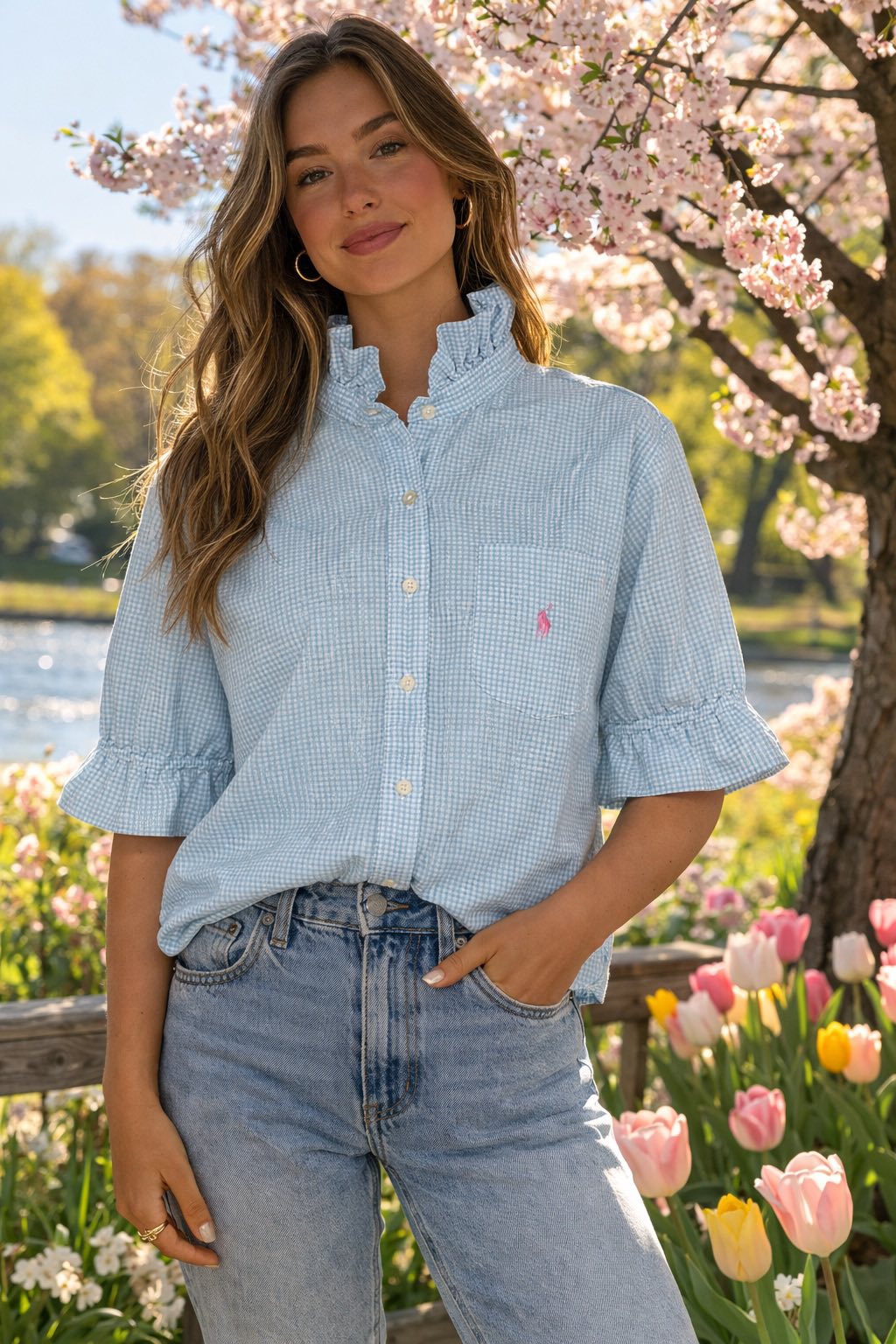 Women's XL 1X 2X 3X Blue & White Gingham Ralph Lauren Upcycled Men's Shirt Button Down with Ruffle Collar Reworked Shirt