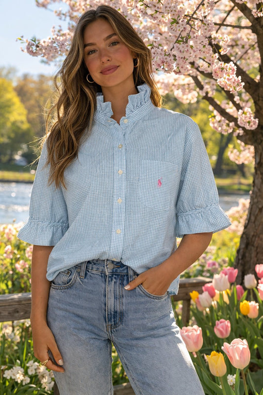 Women's XL 1X 2X 3X Blue & White Gingham Ralph Lauren Upcycled Men's Shirt Button Down with Ruffle Collar Reworked Shirt