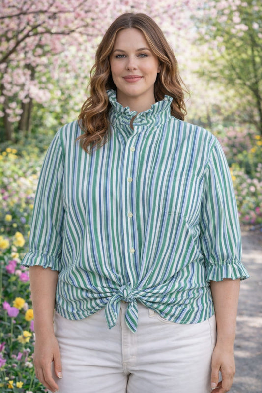 Women's XL 1X 2X 3X Green Stripes Upcycled Men's Shirt Button Down with Ruffle Collar Reworked Shirt