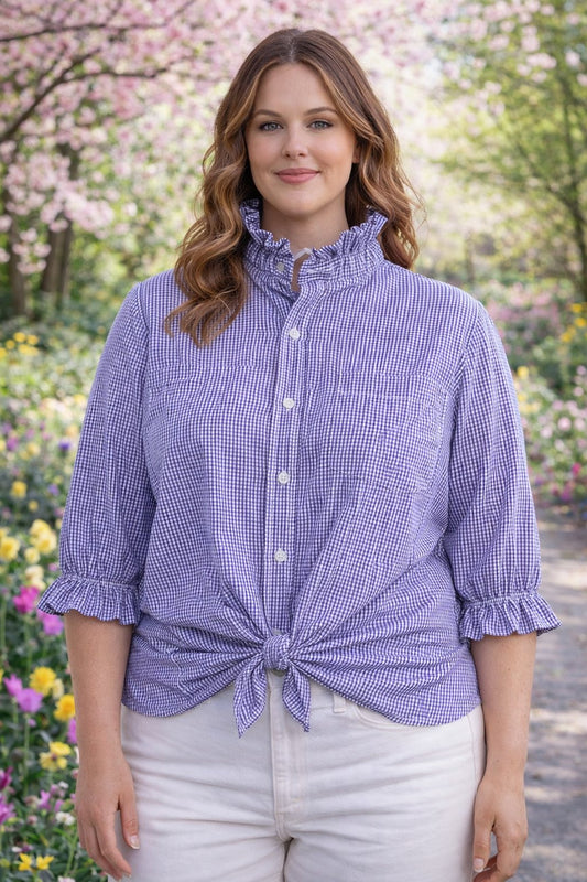 Women's XL 1X 2X 3X Purple & White Gingham Upcycled Men's Shirt Button Down with Ruffle Collar Reworked Shirt