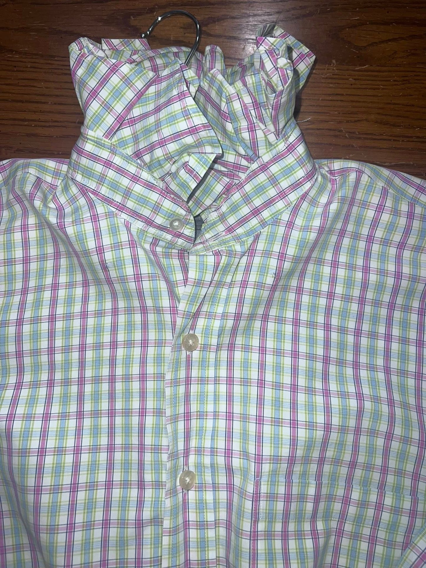 Women's Medium Large , Pink, Green Blue & White Plaid Check Upcycled Men's Shirt Button Down with Ruffle Collar Reworked Shirt