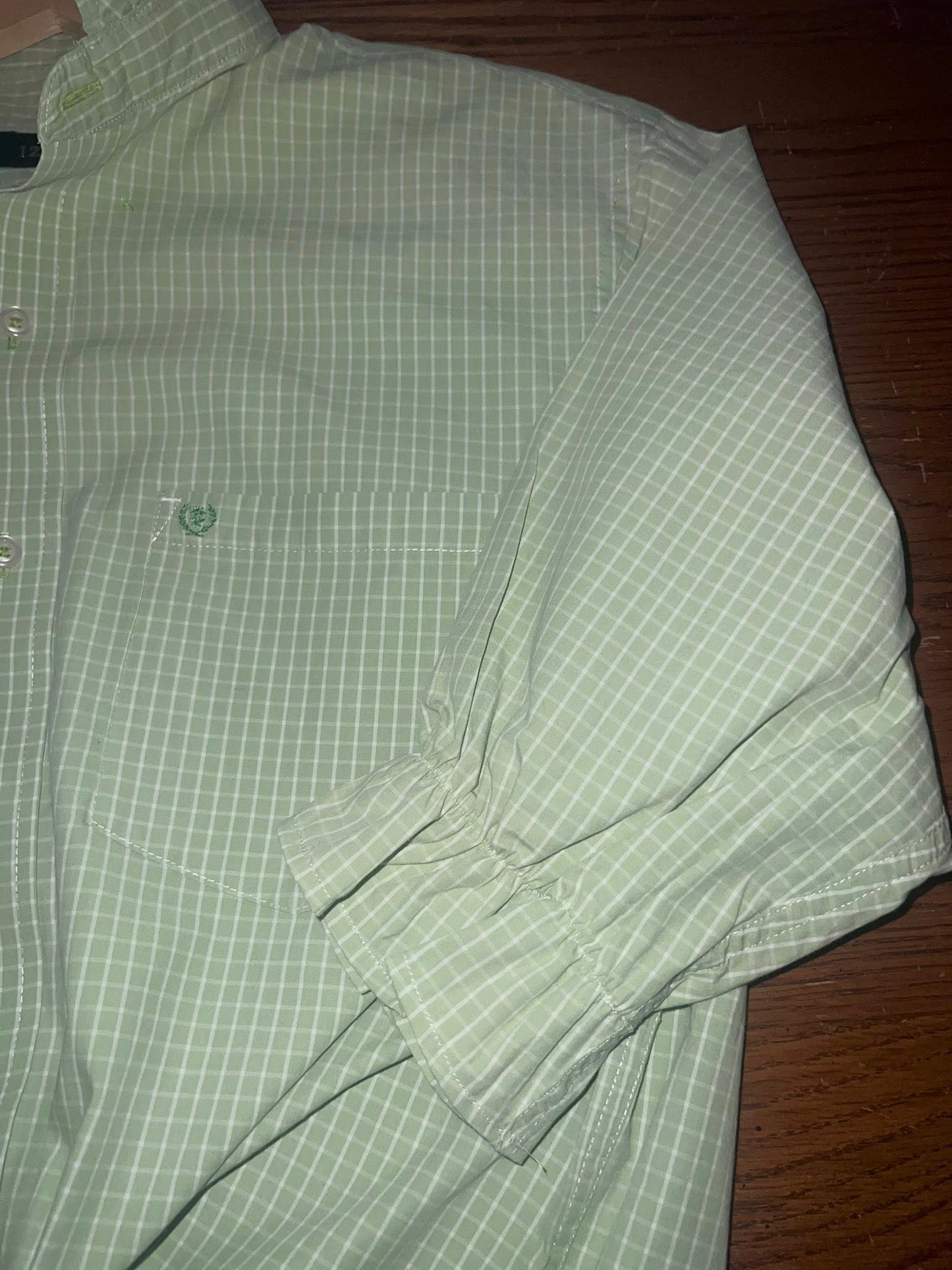 Women's Medium Large Green & White Large Check Upcycled Men's Shirt Button Down with Ruffle Collar Reworked Shirt
