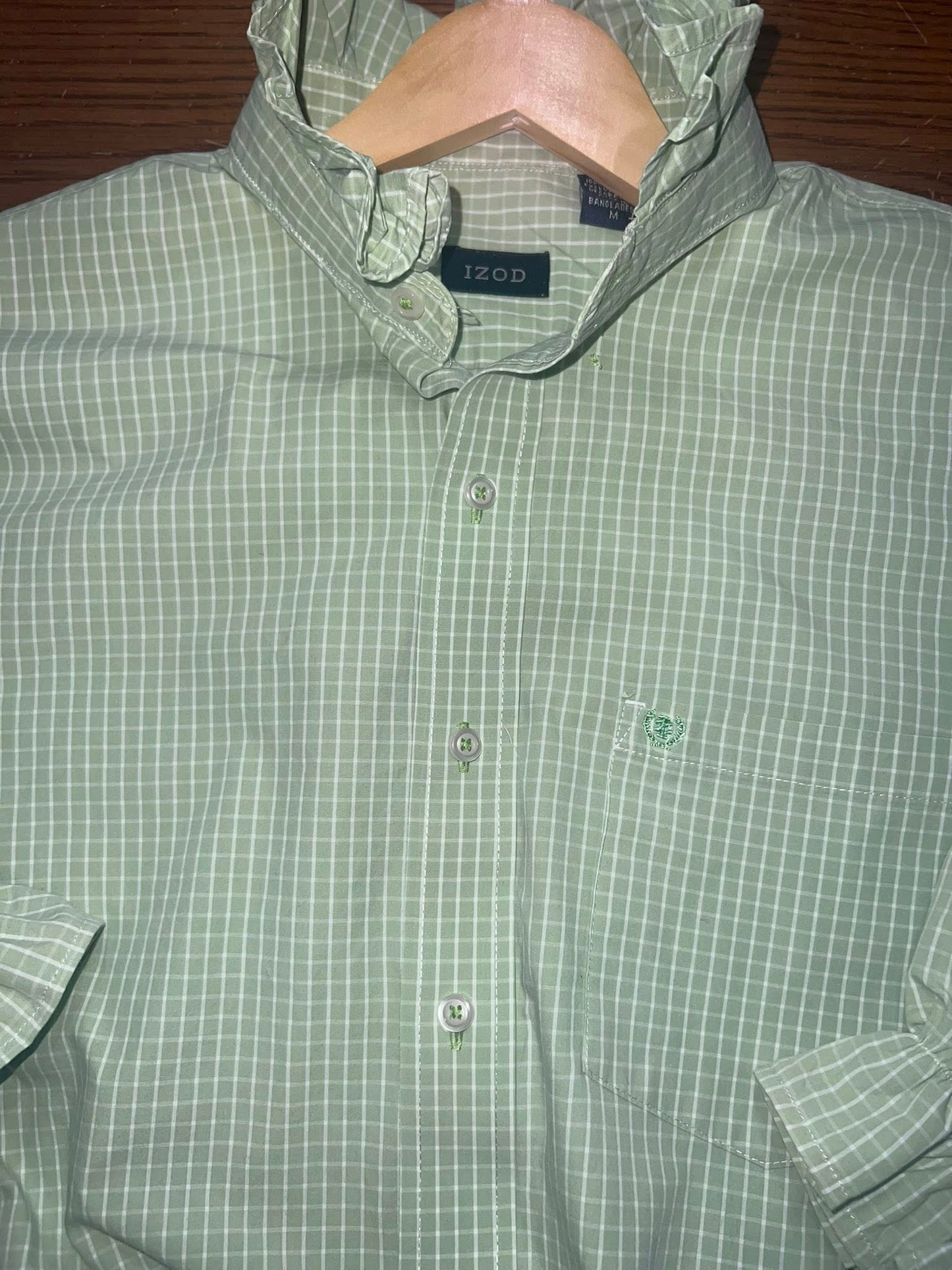 Women's Medium Large Green & White Large Check Upcycled Men's Shirt Button Down with Ruffle Collar Reworked Shirt