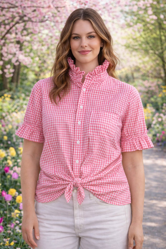 Women's XL 1X 2X Hot Pink & White Gingham Upcycled Men's Shirt Button Down with Ruffle Collar Reworked Shirt
