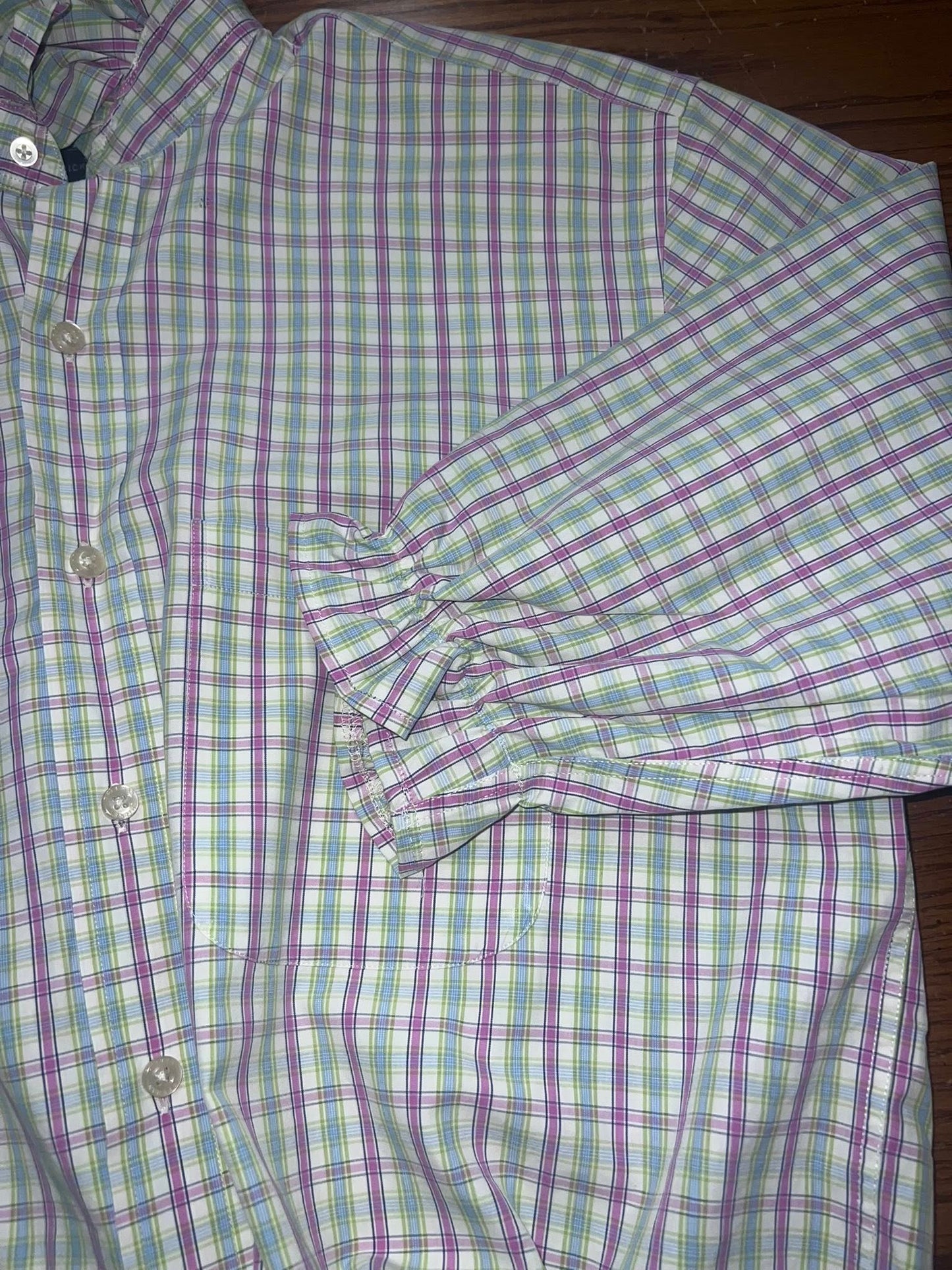Women's Medium Large , Pink, Green Blue & White Plaid Check Upcycled Men's Shirt Button Down with Ruffle Collar Reworked Shirt