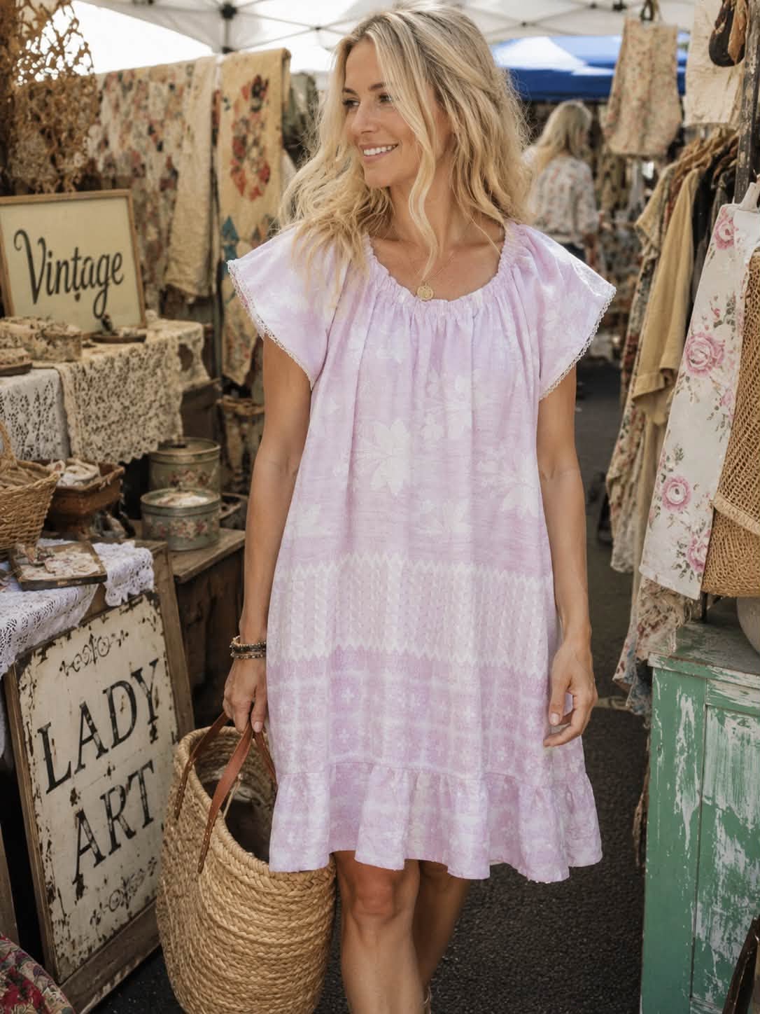 Pink & White Vintage Cotton Spread Peasant Babydoll Dress L/XL