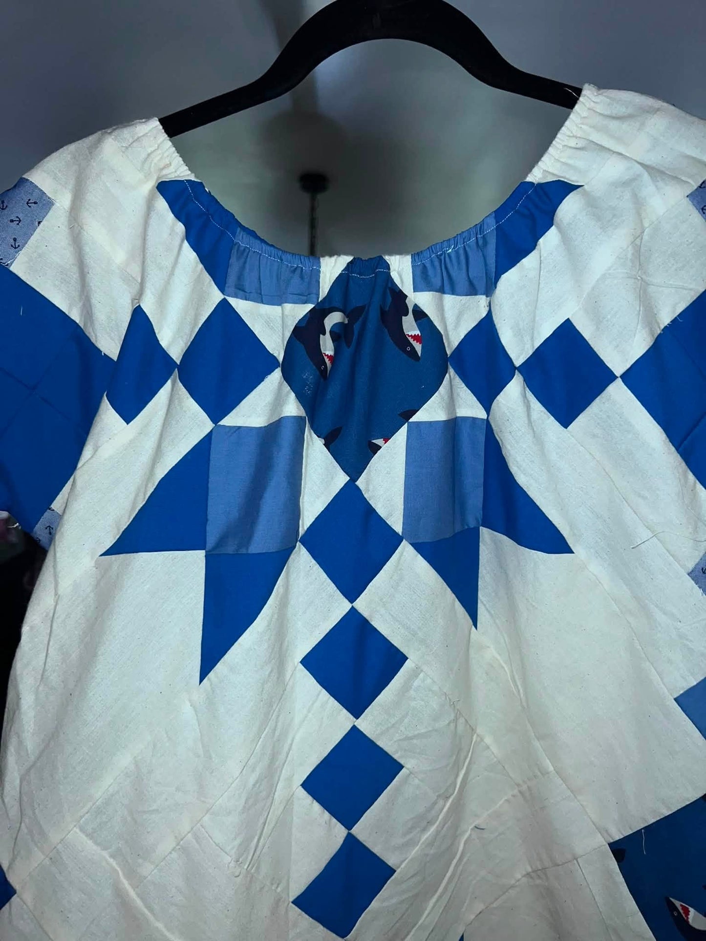 Blue & Cream Quilt Top Babydoll Peasant Dress S/M