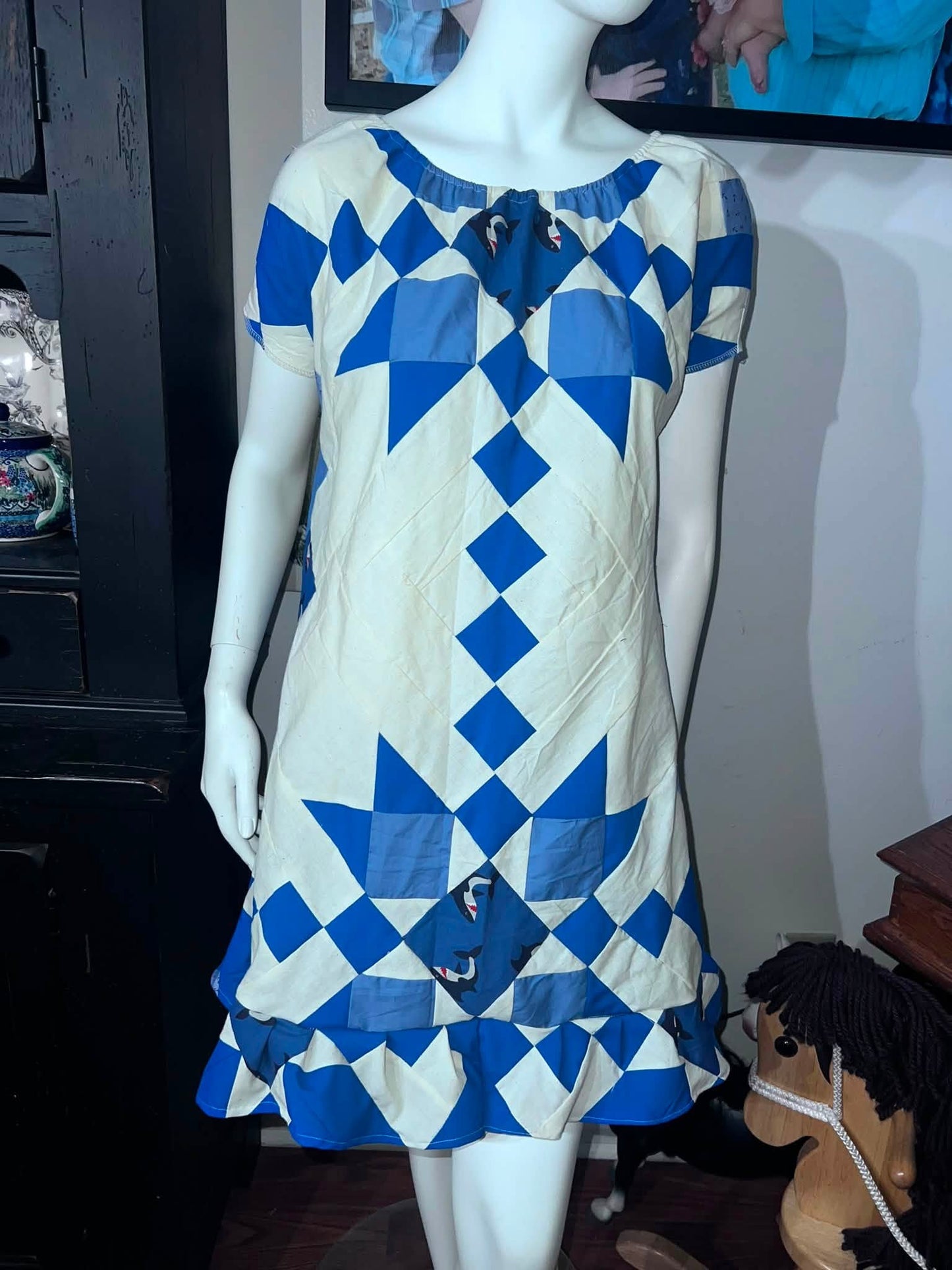 Blue & Cream Quilt Top Babydoll Peasant Dress S/M