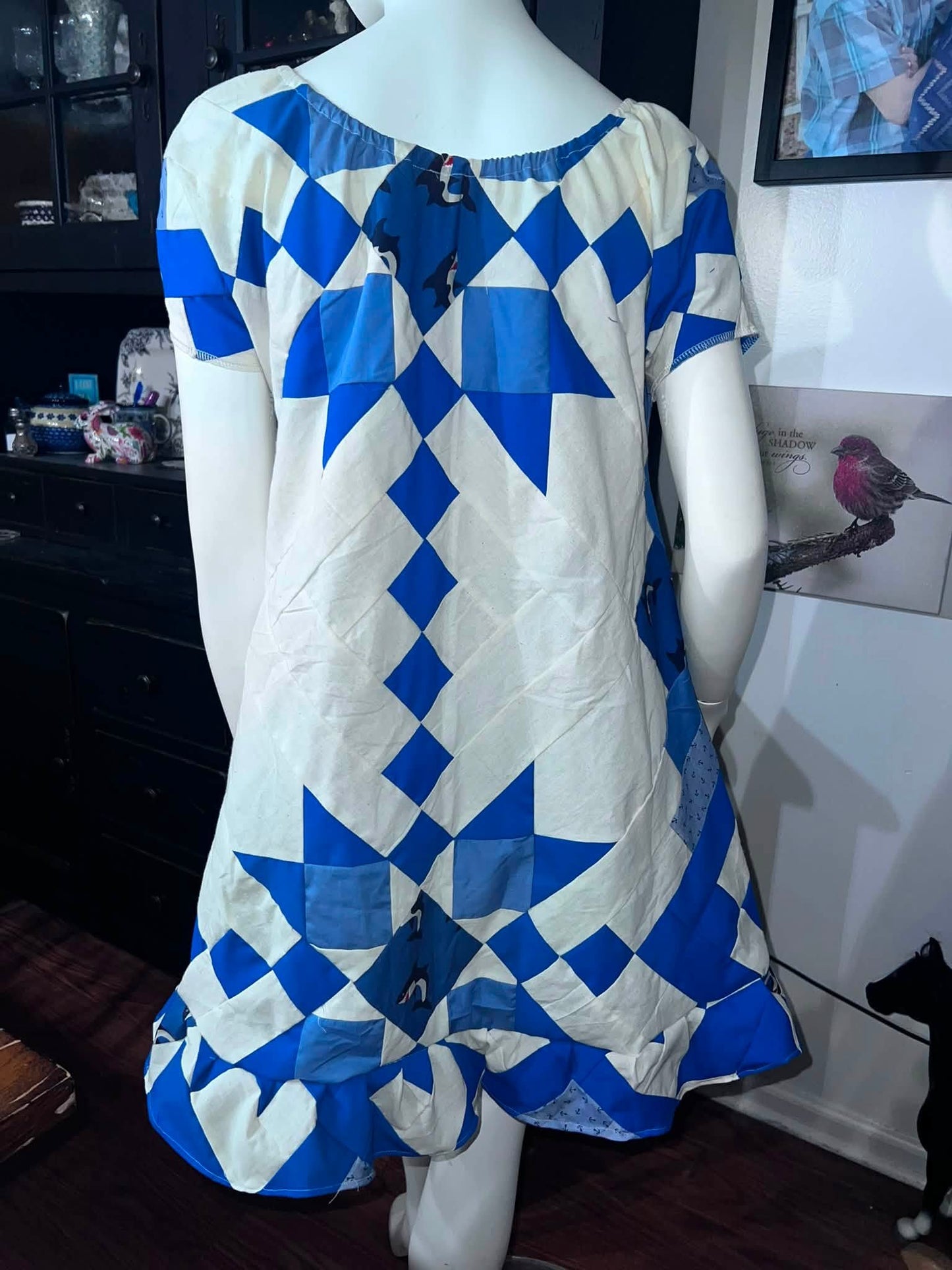 Blue & Cream Quilt Top Babydoll Peasant Dress S/M