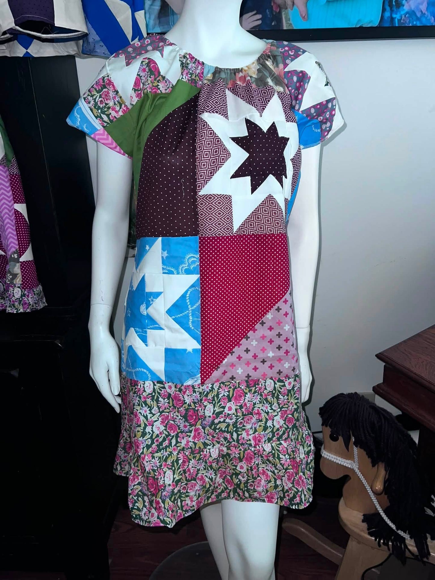 Multi Color STARBURST Patch Peasant Babydoll Dress S/M