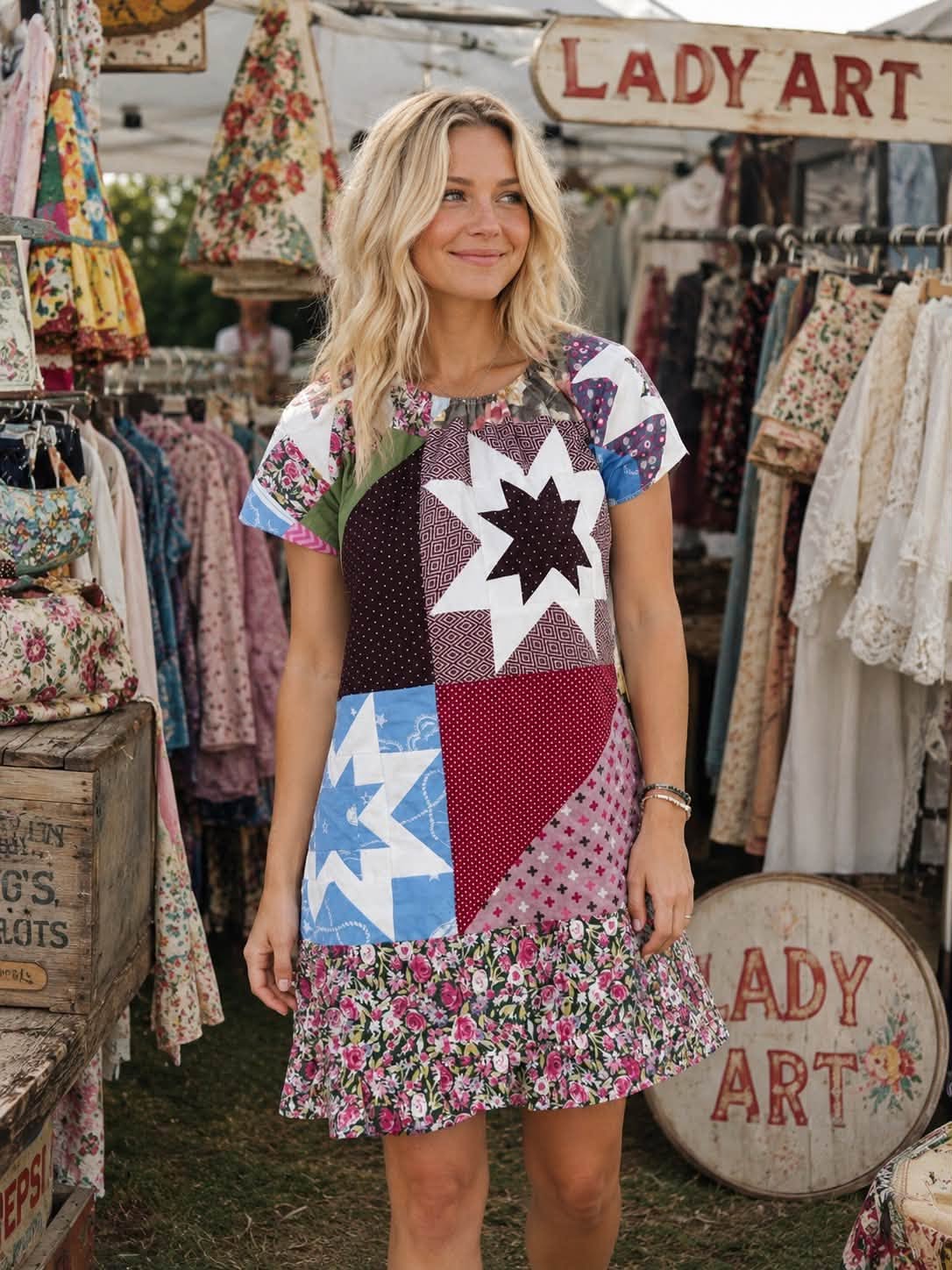 Multi Color STARBURST Patch Peasant Babydoll Dress S/M