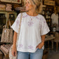 Vintage Pink Embroidered Cross stiched Cream Linen Tablecloth Box Top